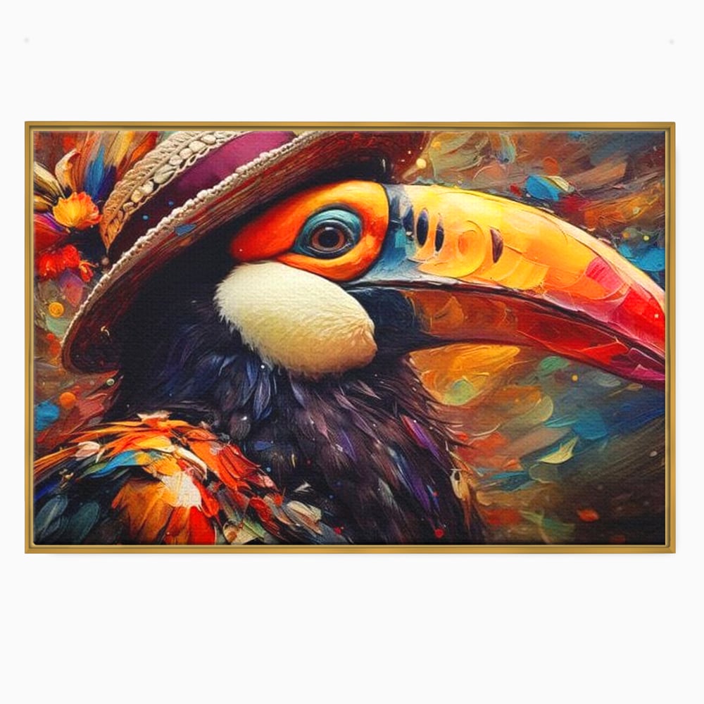 Tablou Canvas Premium, LuxCanva® M1049, Mandria Amazonului, Tucan, Palarie, Pasare, Cioc, Exotic, Portret, Caracter, Carnaval, Tropice, Jungla, Birou, Living, Camera Copil