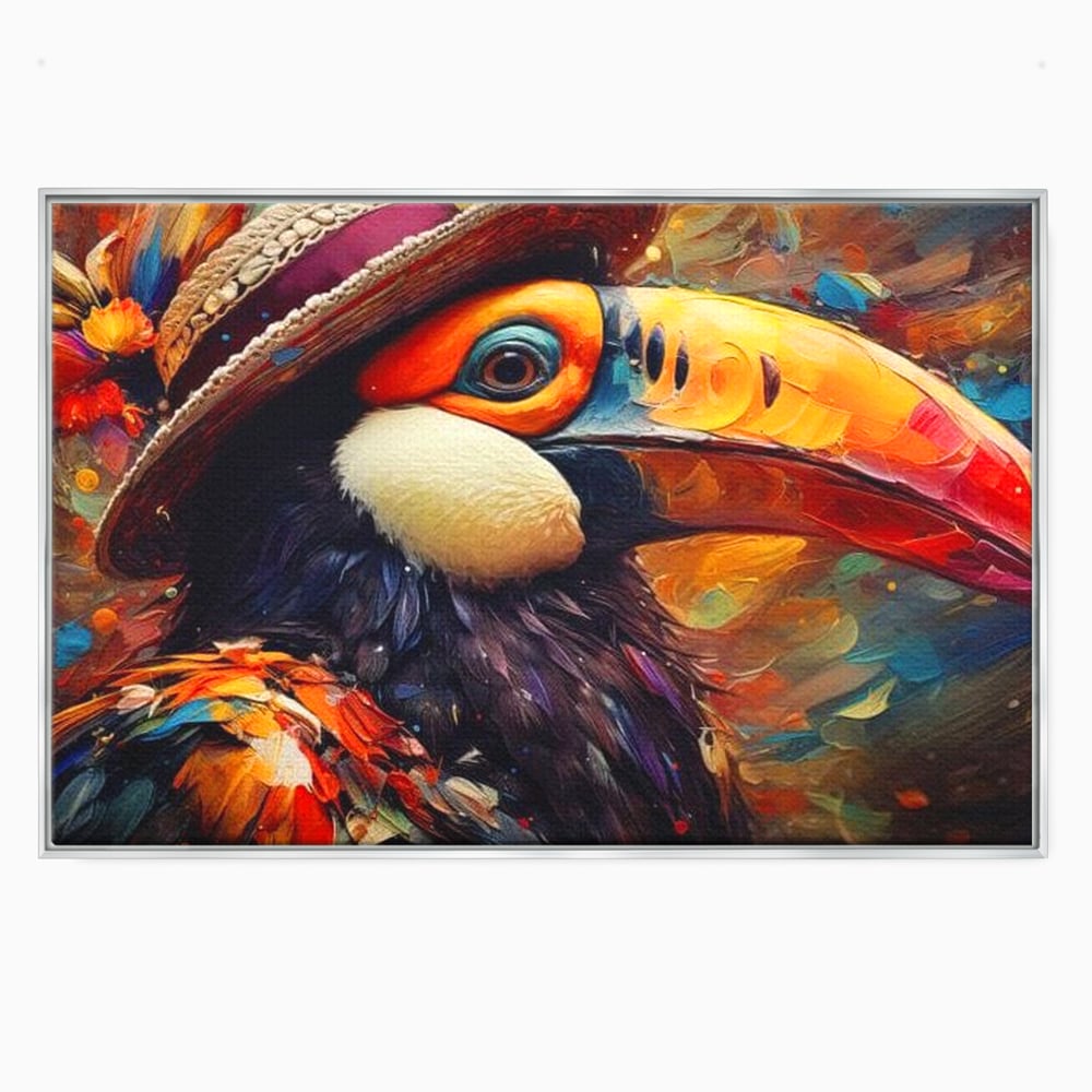 Tablou Canvas Premium, LuxCanva® M1049, Mandria Amazonului, Tucan, Palarie, Pasare, Cioc, Exotic, Portret, Caracter, Carnaval, Tropice, Jungla, Birou, Living, Camera Copil