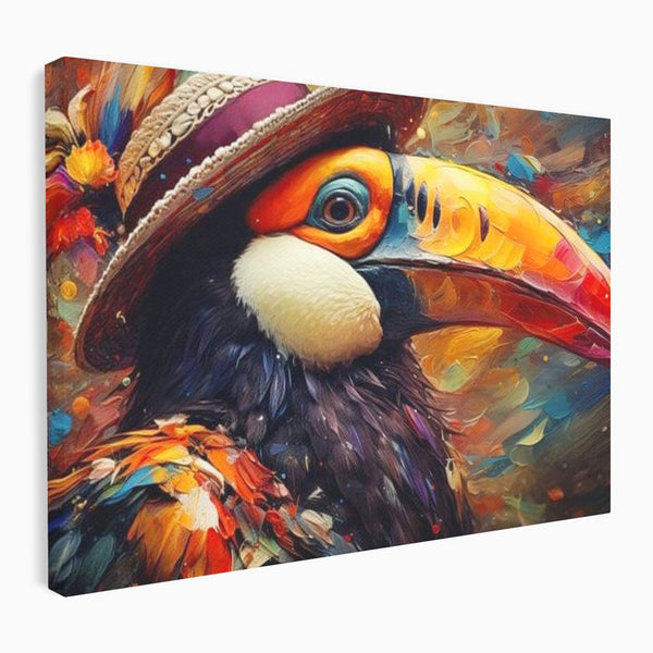 Tablou Canvas Premium, LuxCanva® M1049, Mandria Amazonului, Tucan, Palarie, Pasare, Cioc, Exotic, Portret, Caracter, Carnaval, Tropice, Jungla, Birou, Living, Camera Copil