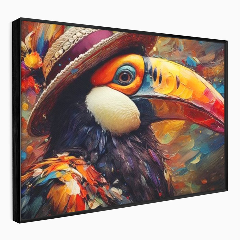 Tablou Canvas Premium, LuxCanva® M1049, Mandria Amazonului, Tucan, Palarie, Pasare, Cioc, Exotic, Portret, Caracter, Carnaval, Tropice, Jungla, Birou, Living, Camera Copil