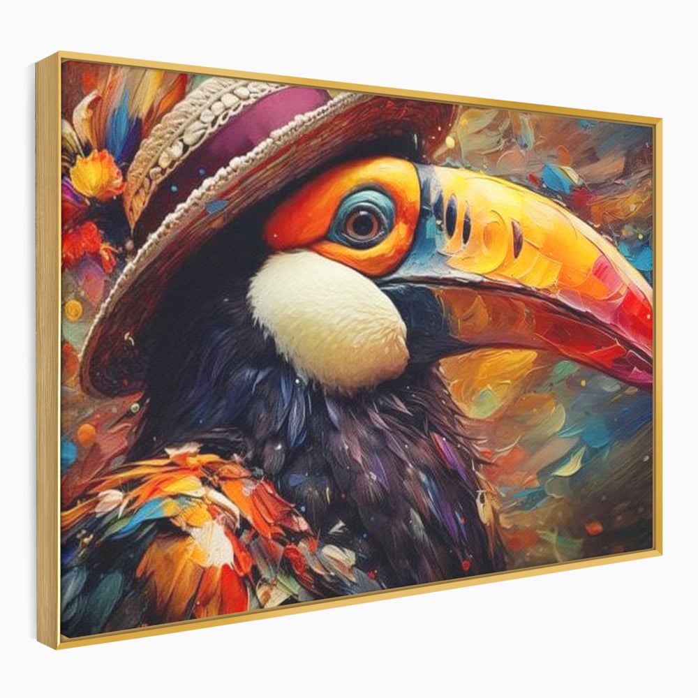 Tablou Canvas Premium, LuxCanva® M1049, Mandria Amazonului, Tucan, Palarie, Pasare, Cioc, Exotic, Portret, Caracter, Carnaval, Tropice, Jungla, Birou, Living, Camera Copil