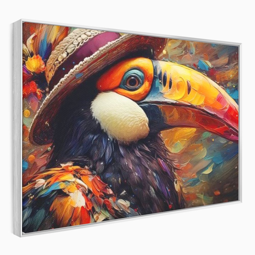 Tablou Canvas Premium, LuxCanva® M1049, Mandria Amazonului, Tucan, Palarie, Pasare, Cioc, Exotic, Portret, Caracter, Carnaval, Tropice, Jungla, Birou, Living, Camera Copil