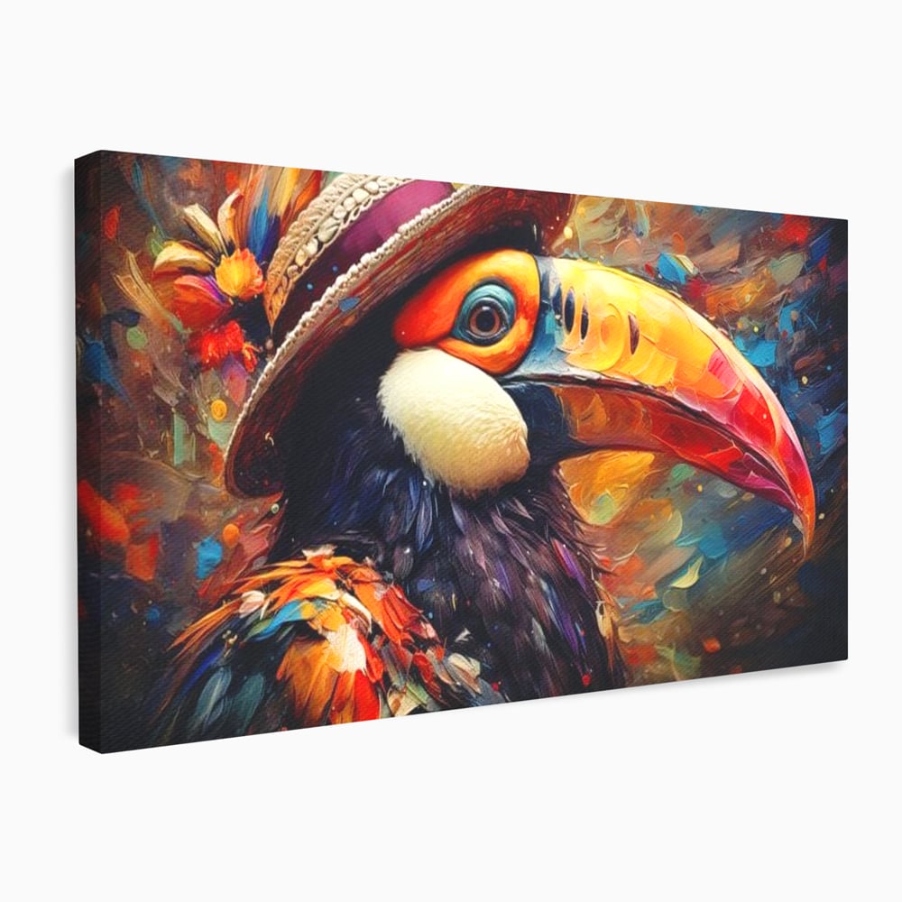Tablou Canvas Premium, LuxCanva® M1049, Mandria Amazonului, Tucan, Palarie, Pasare, Cioc, Exotic, Portret, Caracter, Carnaval, Tropice, Jungla, Birou, Living, Camera Copil