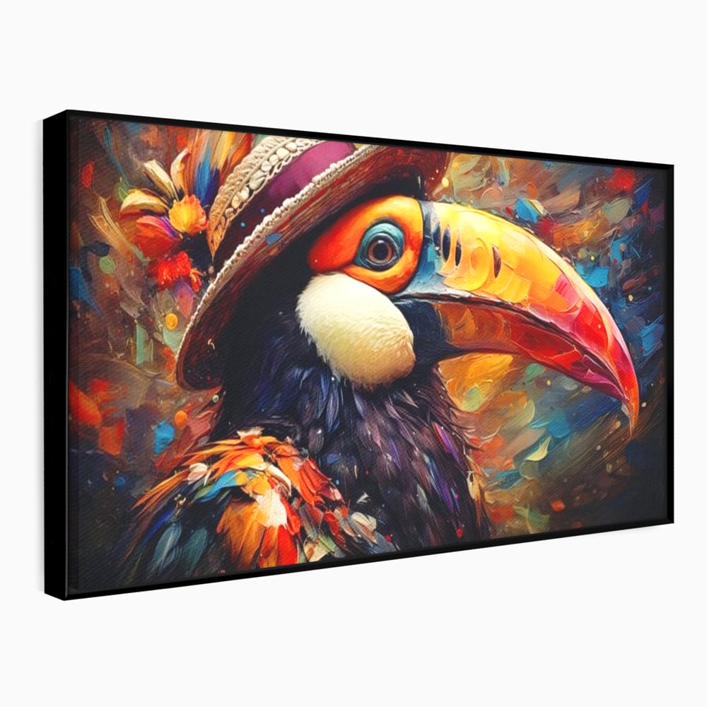 Tablou Canvas Premium, LuxCanva® M1049, Mandria Amazonului, Tucan, Palarie, Pasare, Cioc, Exotic, Portret, Caracter, Carnaval, Tropice, Jungla, Birou, Living, Camera Copil
