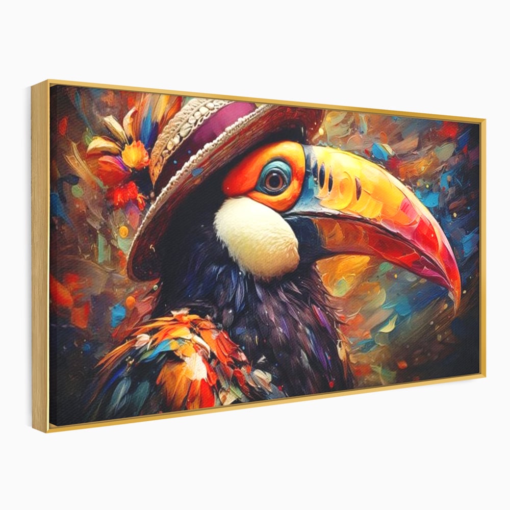 Tablou Canvas Premium, LuxCanva® M1049, Mandria Amazonului, Tucan, Palarie, Pasare, Cioc, Exotic, Portret, Caracter, Carnaval, Tropice, Jungla, Birou, Living, Camera Copil