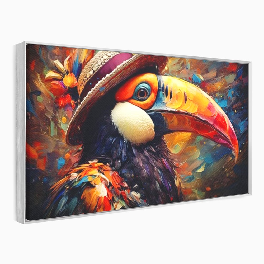 Tablou Canvas Premium, LuxCanva® M1049, Mandria Amazonului, Tucan, Palarie, Pasare, Cioc, Exotic, Portret, Caracter, Carnaval, Tropice, Jungla, Birou, Living, Camera Copil