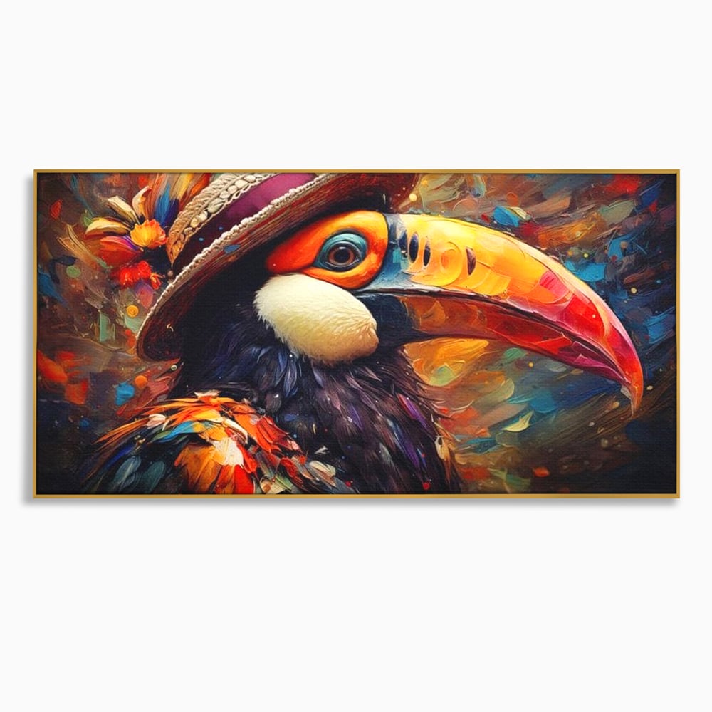 Tablou Canvas Premium, LuxCanva® M1049, Mandria Amazonului, Tucan, Palarie, Pasare, Cioc, Exotic, Portret, Caracter, Carnaval, Tropice, Jungla, Birou, Living, Camera Copil