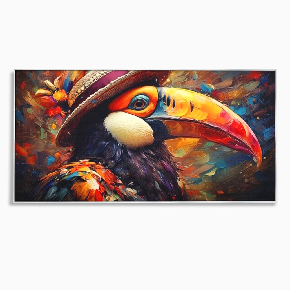 Tablou Canvas Premium, LuxCanva® M1049, Mandria Amazonului, Tucan, Palarie, Pasare, Cioc, Exotic, Portret, Caracter, Carnaval, Tropice, Jungla, Birou, Living, Camera Copil