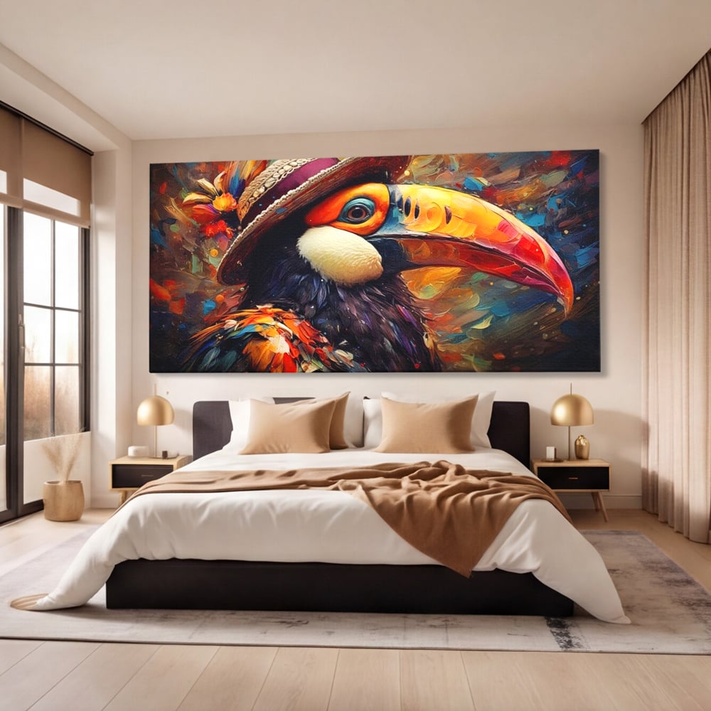Tablou Canvas Premium, LuxCanva® M1049, Mandria Amazonului, Tucan, Palarie, Pasare, Cioc, Exotic, Portret, Caracter, Carnaval, Tropice, Jungla, Birou, Living, Camera Copil