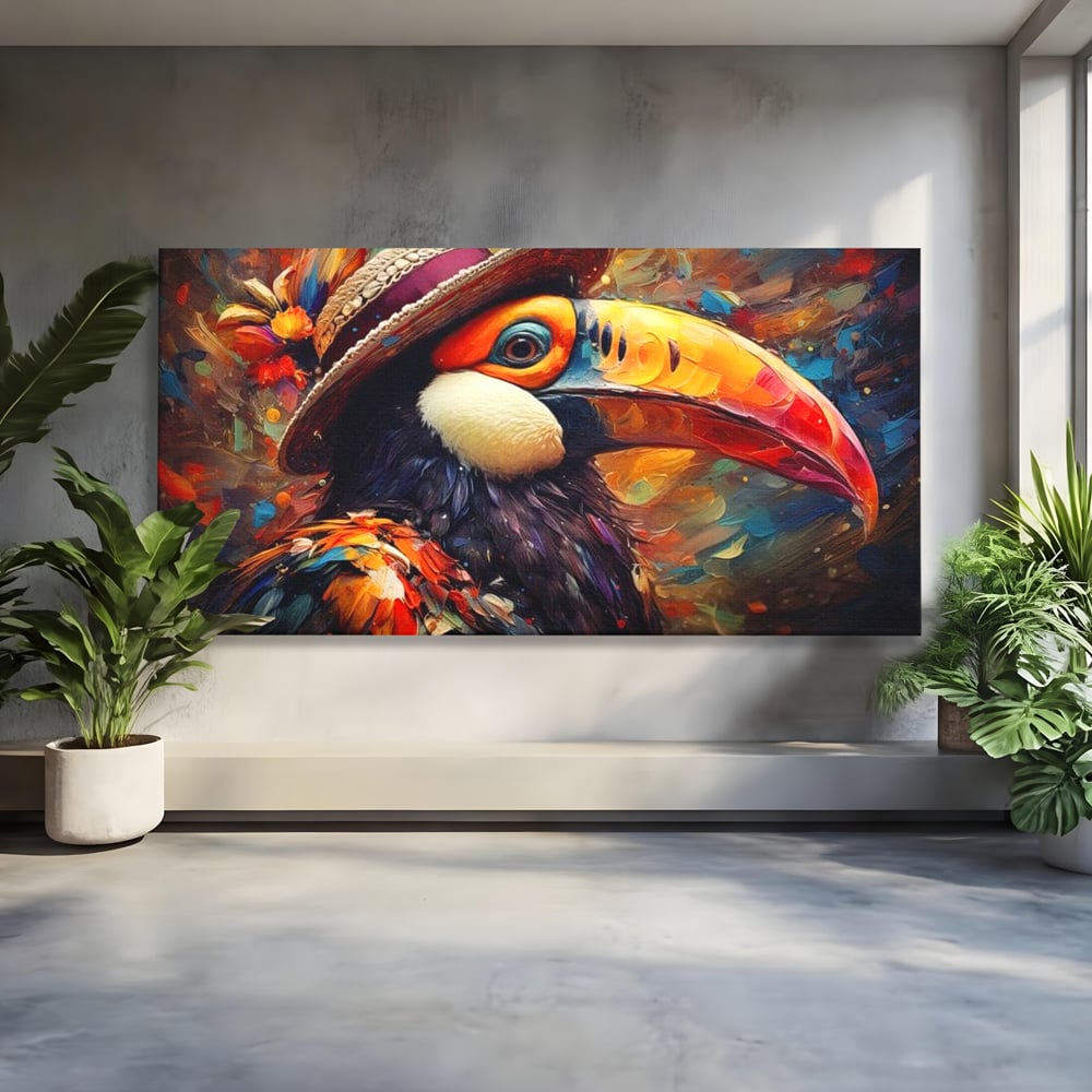 Tablou Canvas Premium, LuxCanva® M1049, Mandria Amazonului, Tucan, Palarie, Pasare, Cioc, Exotic, Portret, Caracter, Carnaval, Tropice, Jungla, Birou, Living, Camera Copil