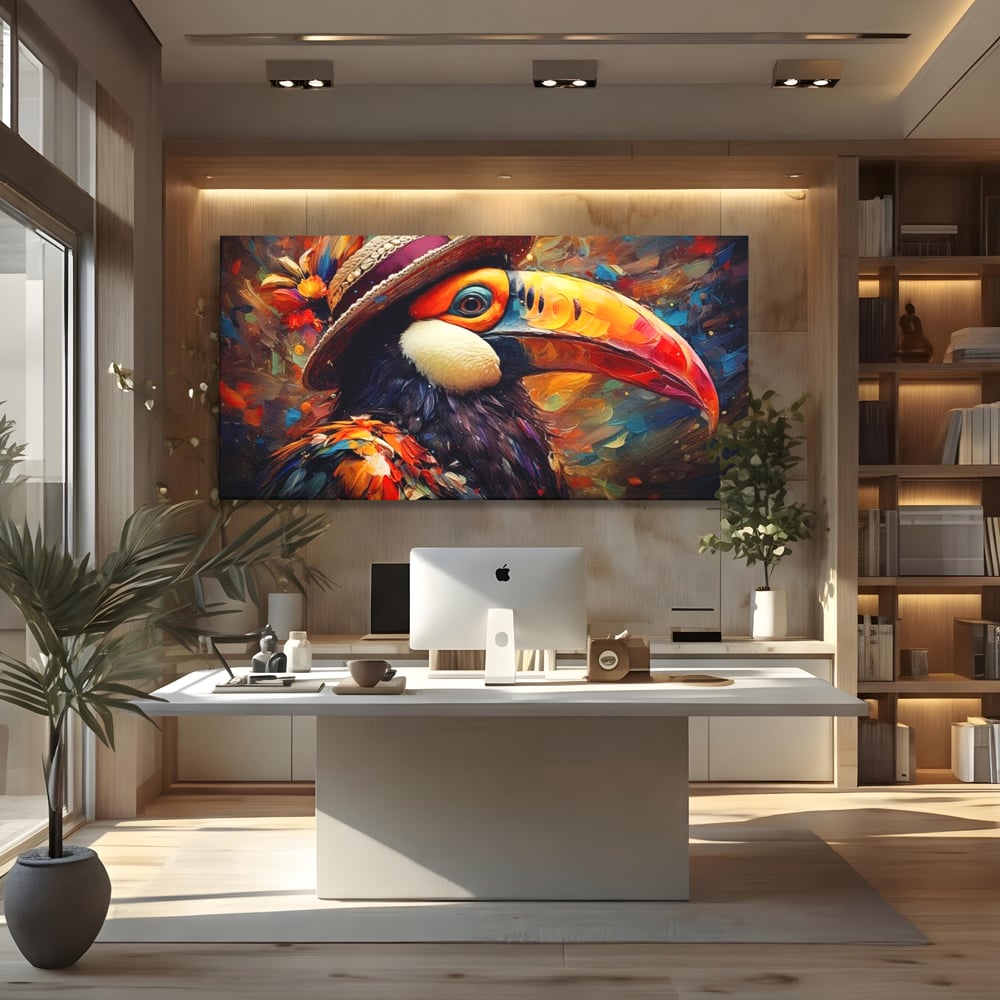 Tablou Canvas Premium, LuxCanva® M1049, Mandria Amazonului, Tucan, Palarie, Pasare, Cioc, Exotic, Portret, Caracter, Carnaval, Tropice, Jungla, Birou, Living, Camera Copil