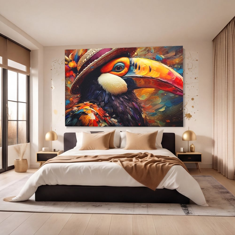 Tablou Canvas Premium, LuxCanva® M1049, Mandria Amazonului, Tucan, Palarie, Pasare, Cioc, Exotic, Portret, Caracter, Carnaval, Tropice, Jungla, Birou, Living, Camera Copil