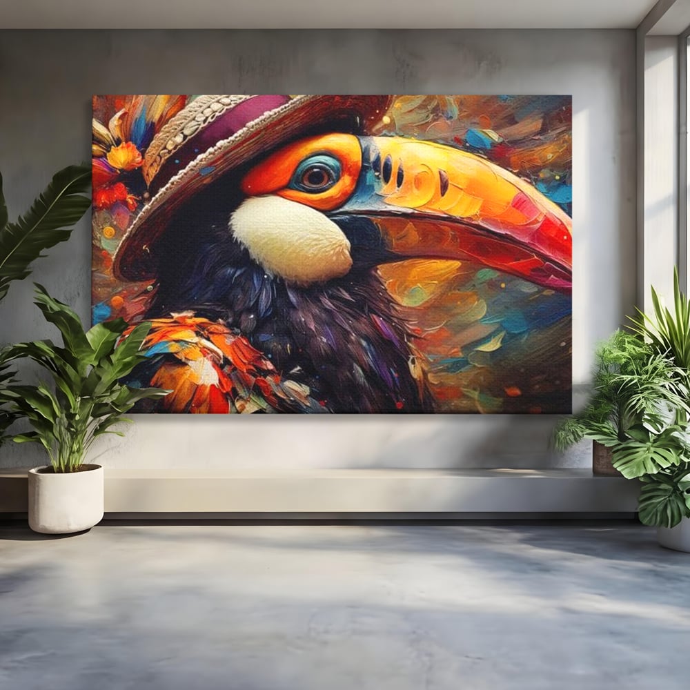 Tablou Canvas Premium, LuxCanva® M1049, Mandria Amazonului, Tucan, Palarie, Pasare, Cioc, Exotic, Portret, Caracter, Carnaval, Tropice, Jungla, Birou, Living, Camera Copil