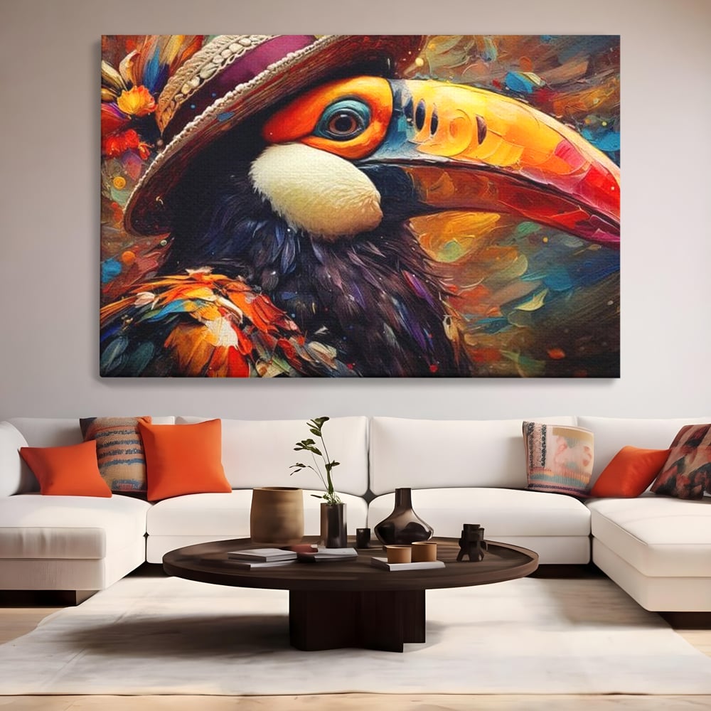 Tablou Canvas Premium, LuxCanva® M1049, Mandria Amazonului, Tucan, Palarie, Pasare, Cioc, Exotic, Portret, Caracter, Carnaval, Tropice, Jungla, Birou, Living, Camera Copil