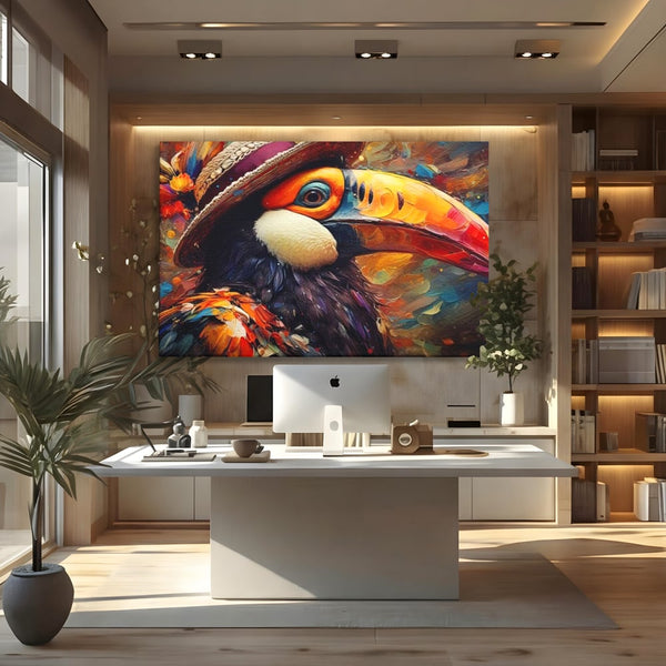 Tablou Canvas Premium, LuxCanva® M1049, Mandria Amazonului, Tucan, Palarie, Pasare, Cioc, Exotic, Portret, Caracter, Carnaval, Tropice, Jungla, Birou, Living, Camera Copil