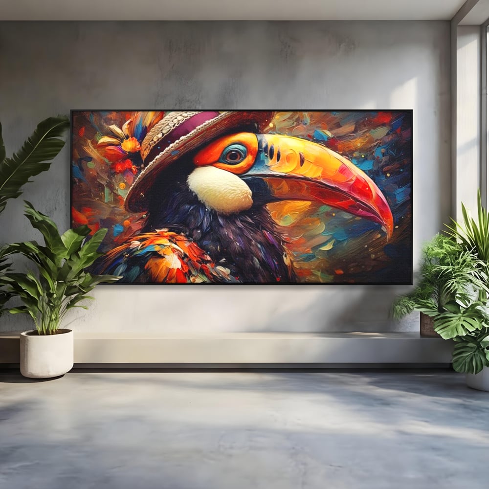 Tablou Canvas Premium, LuxCanva® M1049, Mandria Amazonului, Tucan, Palarie, Pasare, Cioc, Exotic, Portret, Caracter, Carnaval, Tropice, Jungla, Birou, Living, Camera Copil