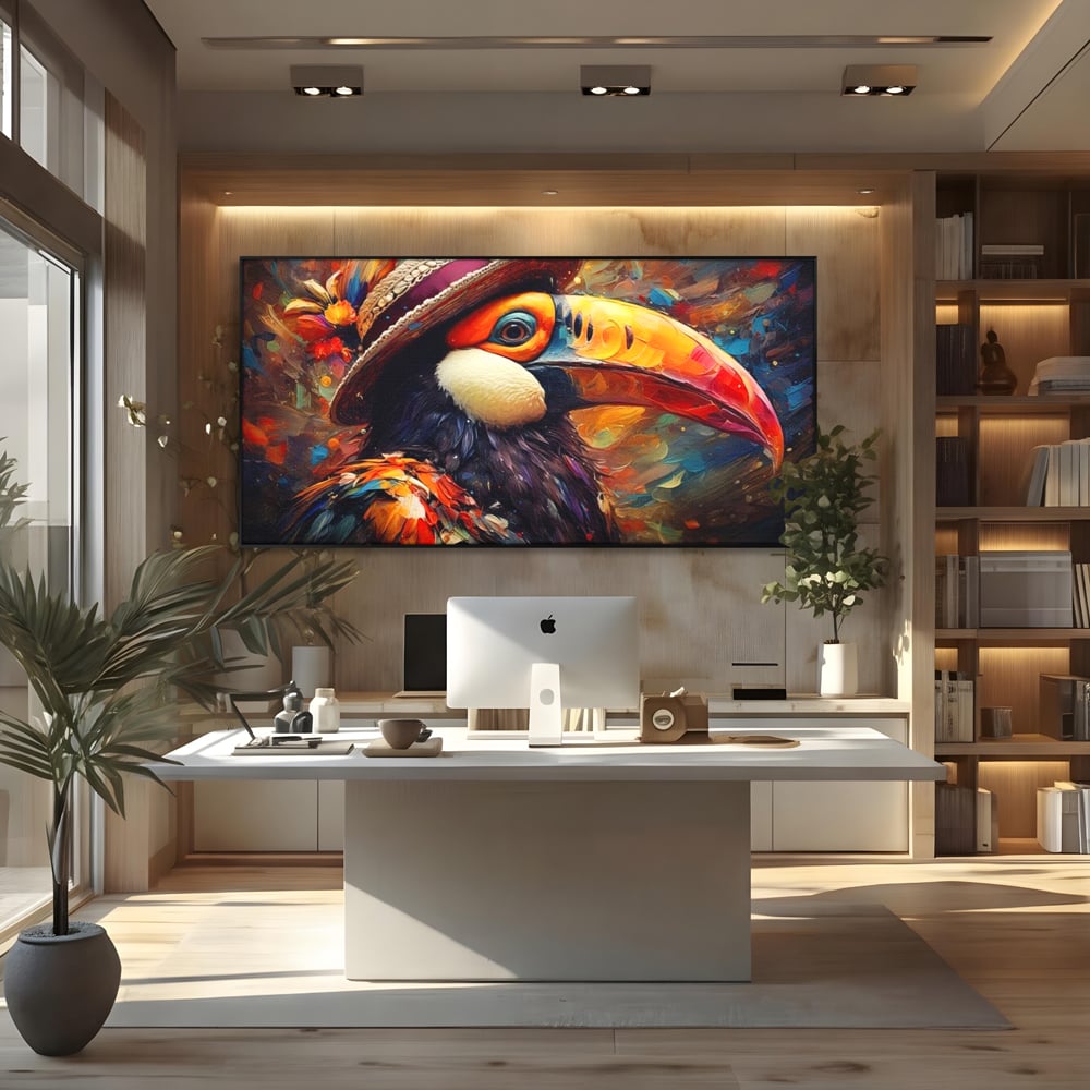 Tablou Canvas Premium, LuxCanva® M1049, Mandria Amazonului, Tucan, Palarie, Pasare, Cioc, Exotic, Portret, Caracter, Carnaval, Tropice, Jungla, Birou, Living, Camera Copil