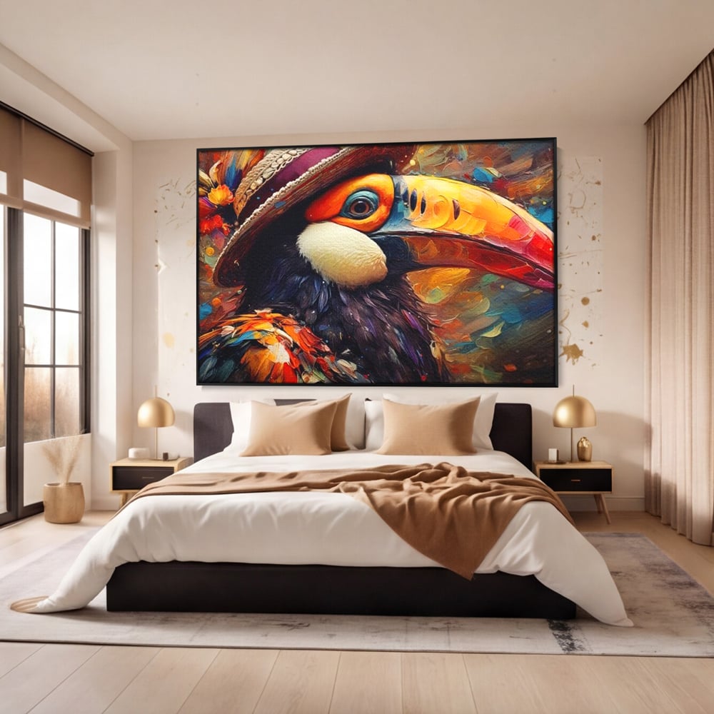 Tablou Canvas Premium, LuxCanva® M1049, Mandria Amazonului, Tucan, Palarie, Pasare, Cioc, Exotic, Portret, Caracter, Carnaval, Tropice, Jungla, Birou, Living, Camera Copil
