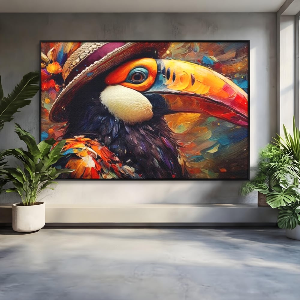 Tablou Canvas Premium, LuxCanva® M1049, Mandria Amazonului, Tucan, Palarie, Pasare, Cioc, Exotic, Portret, Caracter, Carnaval, Tropice, Jungla, Birou, Living, Camera Copil