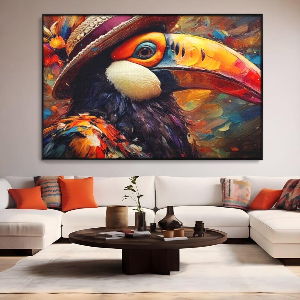 Tablou Canvas Premium, LuxCanva® M1049, Mandria Amazonului, Tucan, Palarie, Pasare, Cioc, Exotic, Portret, Caracter, Carnaval, Tropice, Jungla, Birou, Living, Camera Copil