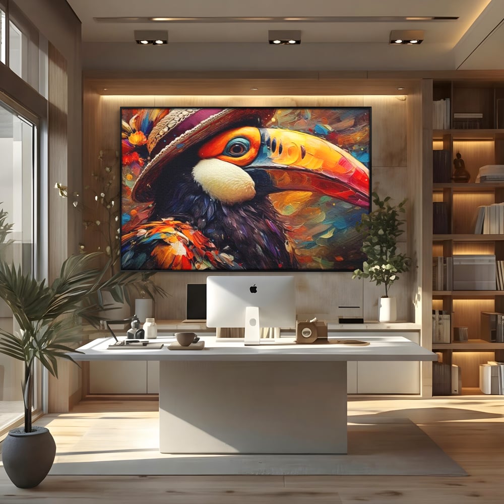 Tablou Canvas Premium, LuxCanva® M1049, Mandria Amazonului, Tucan, Palarie, Pasare, Cioc, Exotic, Portret, Caracter, Carnaval, Tropice, Jungla, Birou, Living, Camera Copil