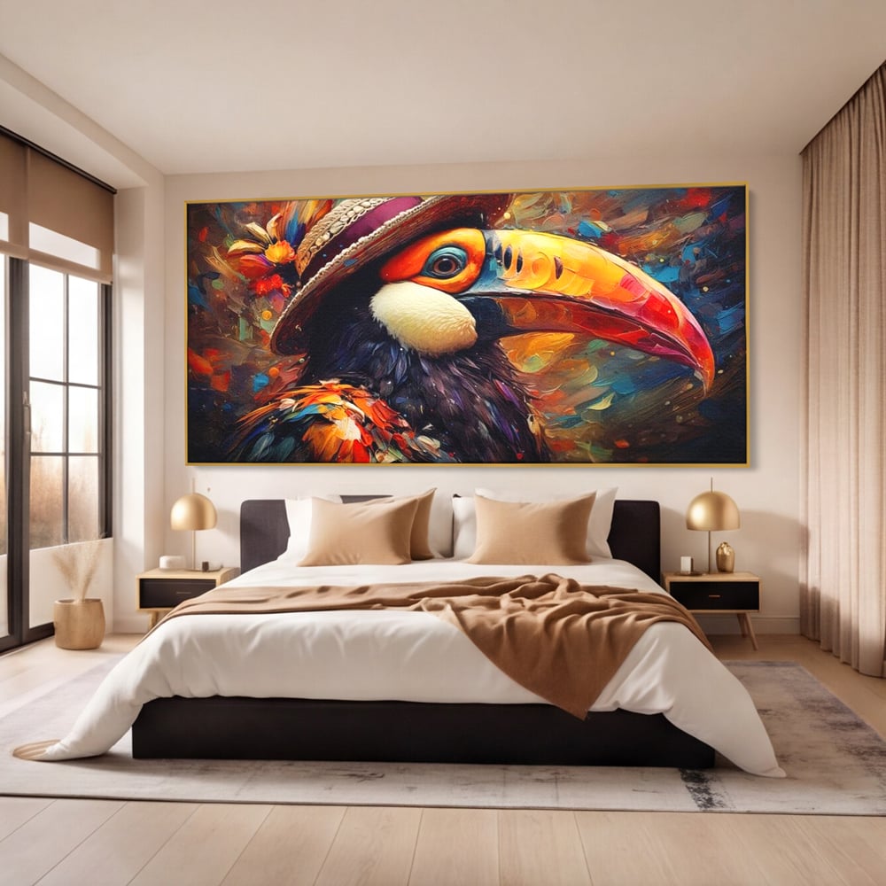 Tablou Canvas Premium, LuxCanva® M1049, Mandria Amazonului, Tucan, Palarie, Pasare, Cioc, Exotic, Portret, Caracter, Carnaval, Tropice, Jungla, Birou, Living, Camera Copil