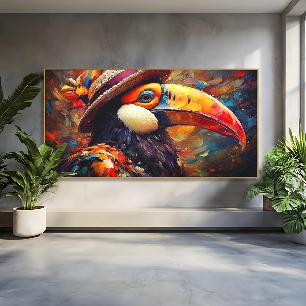 Tablou Canvas Premium, LuxCanva® M1049, Mandria Amazonului, Tucan, Palarie, Pasare, Cioc, Exotic, Portret, Caracter, Carnaval, Tropice, Jungla, Birou, Living, Camera Copil