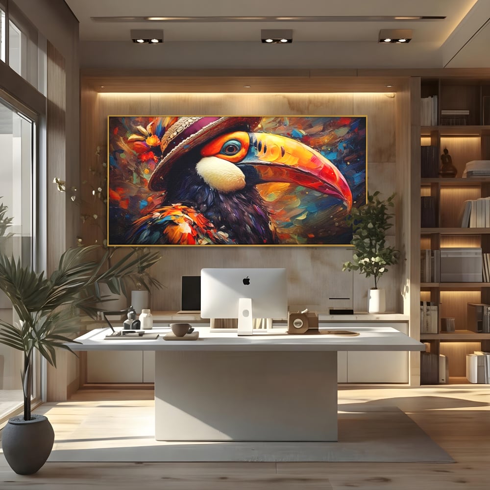 Tablou Canvas Premium, LuxCanva® M1049, Mandria Amazonului, Tucan, Palarie, Pasare, Cioc, Exotic, Portret, Caracter, Carnaval, Tropice, Jungla, Birou, Living, Camera Copil