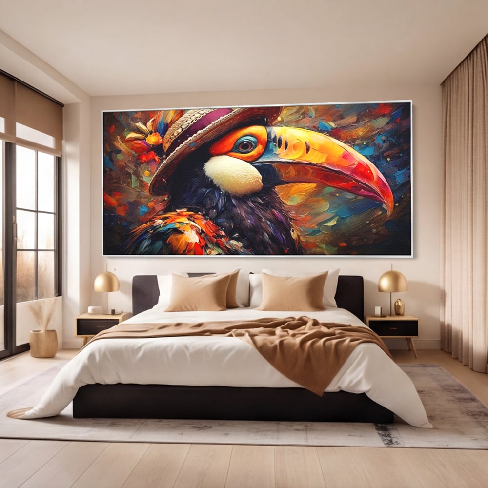 Tablou Canvas Premium, LuxCanva® M1049, Mandria Amazonului, Tucan, Palarie, Pasare, Cioc, Exotic, Portret, Caracter, Carnaval, Tropice, Jungla, Birou, Living, Camera Copil