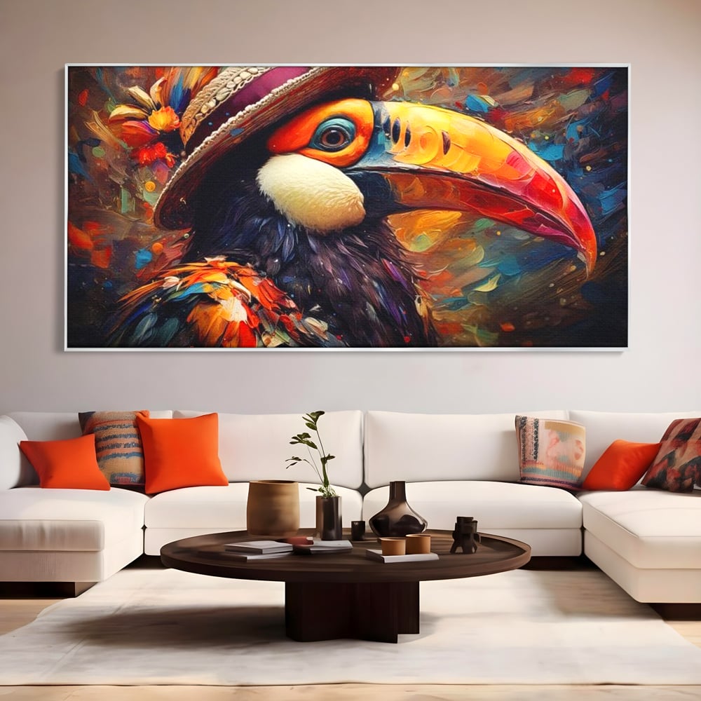 Tablou Canvas Premium, LuxCanva® M1049, Mandria Amazonului, Tucan, Palarie, Pasare, Cioc, Exotic, Portret, Caracter, Carnaval, Tropice, Jungla, Birou, Living, Camera Copil