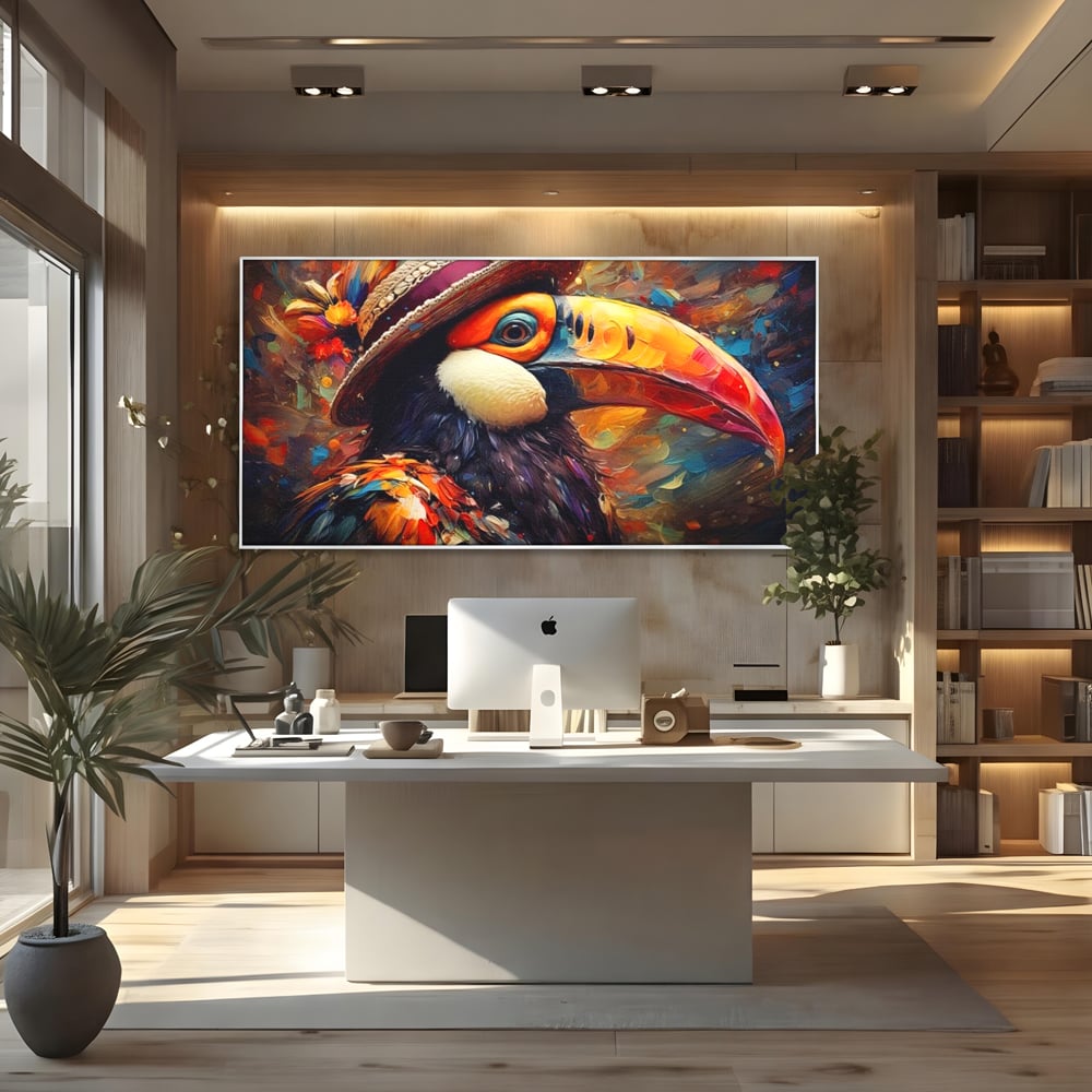 Tablou Canvas Premium, LuxCanva® M1049, Mandria Amazonului, Tucan, Palarie, Pasare, Cioc, Exotic, Portret, Caracter, Carnaval, Tropice, Jungla, Birou, Living, Camera Copil