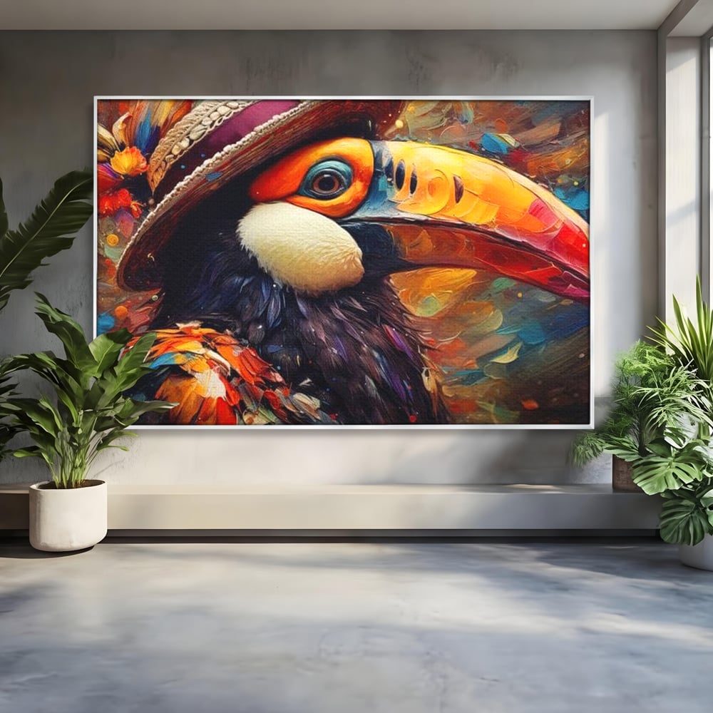 Tablou Canvas Premium, LuxCanva® M1049, Mandria Amazonului, Tucan, Palarie, Pasare, Cioc, Exotic, Portret, Caracter, Carnaval, Tropice, Jungla, Birou, Living, Camera Copil