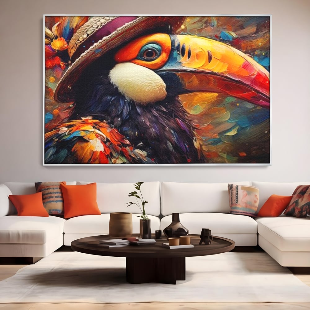 Tablou Canvas Premium, LuxCanva® M1049, Mandria Amazonului, Tucan, Palarie, Pasare, Cioc, Exotic, Portret, Caracter, Carnaval, Tropice, Jungla, Birou, Living, Camera Copil