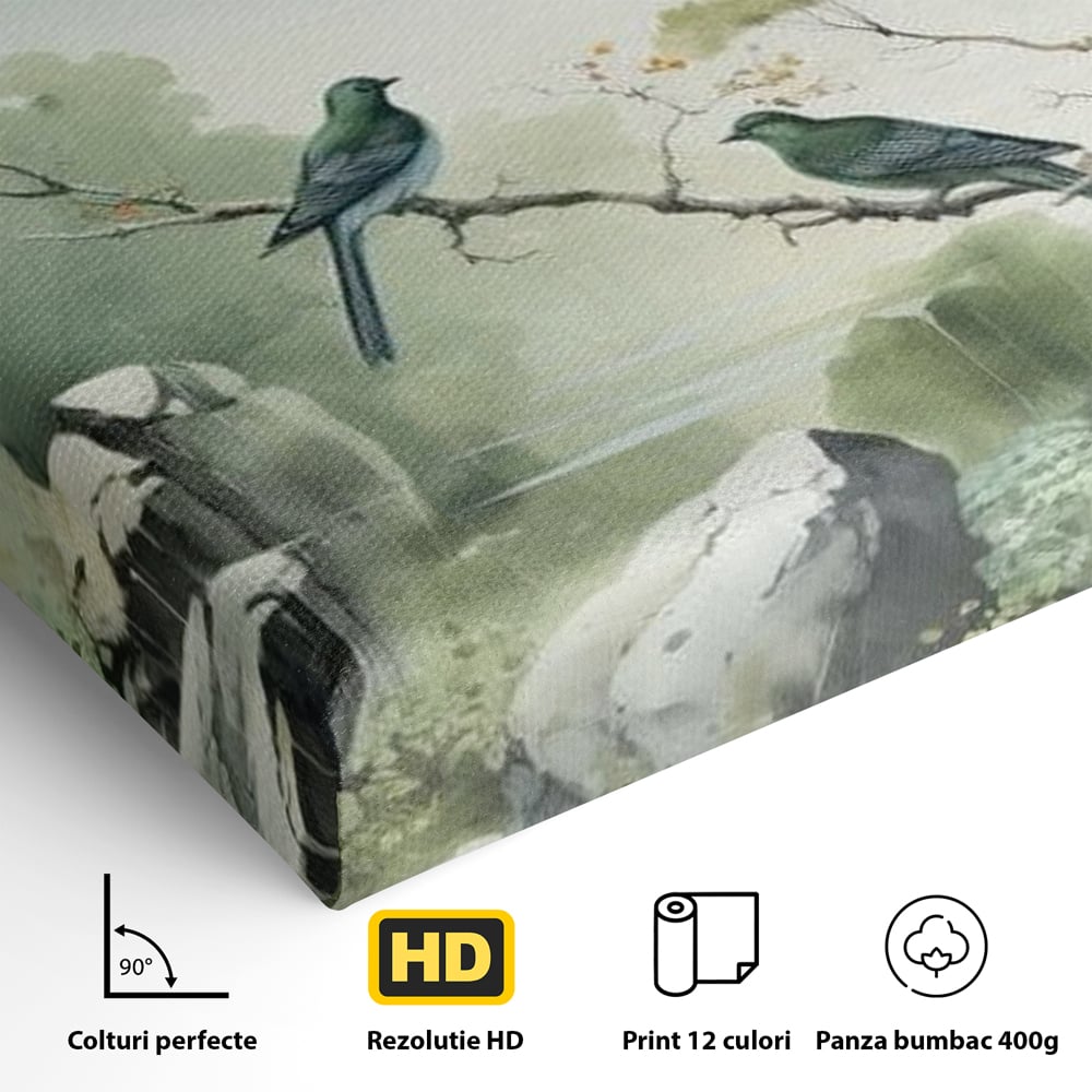 Tablou Canvas Premium, LuxCanva® M1050, Meditatie in Verde si Gri, Pasari, Pietre, Copaci, Munte, Meditatie, Liniste, Ceata, Zen, Natura, Peisaj, Birou, Living, Camera Copil