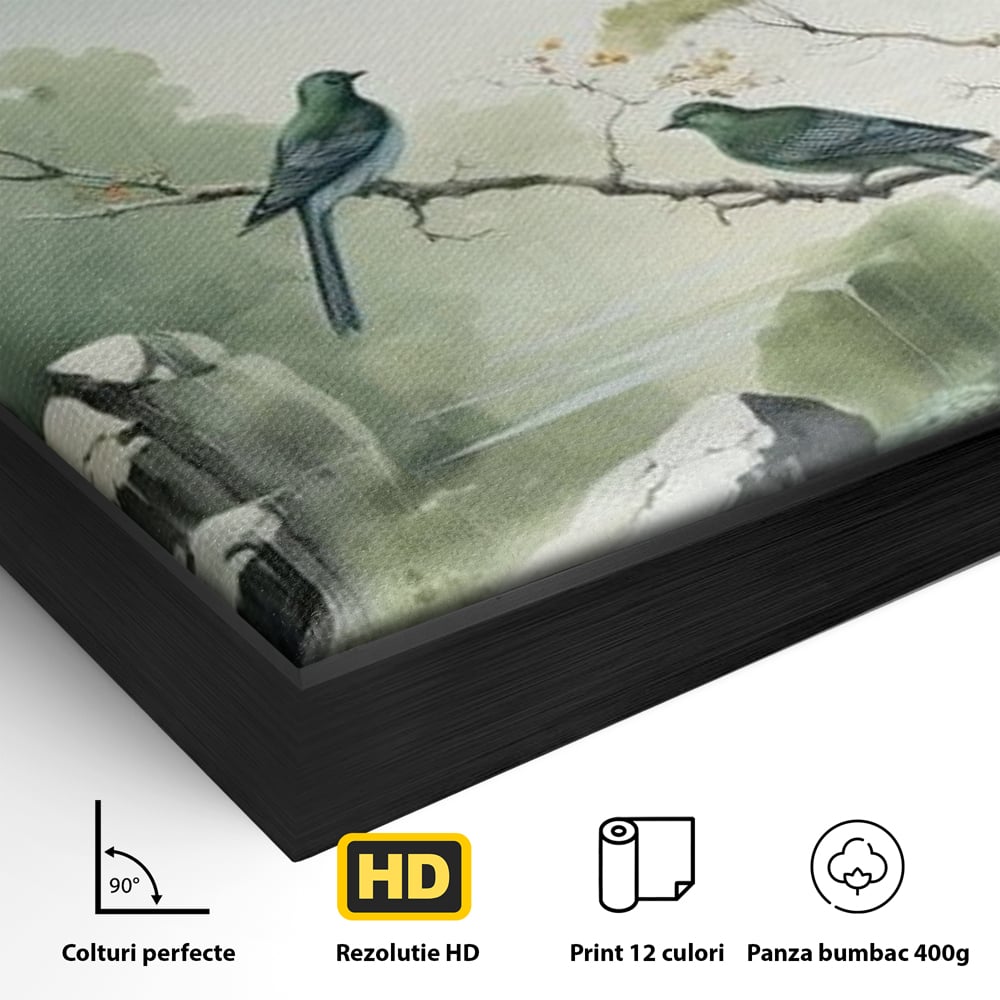 Tablou Canvas Premium, LuxCanva® M1050, Meditatie in Verde si Gri, Pasari, Pietre, Copaci, Munte, Meditatie, Liniste, Ceata, Zen, Natura, Peisaj, Birou, Living, Camera Copil