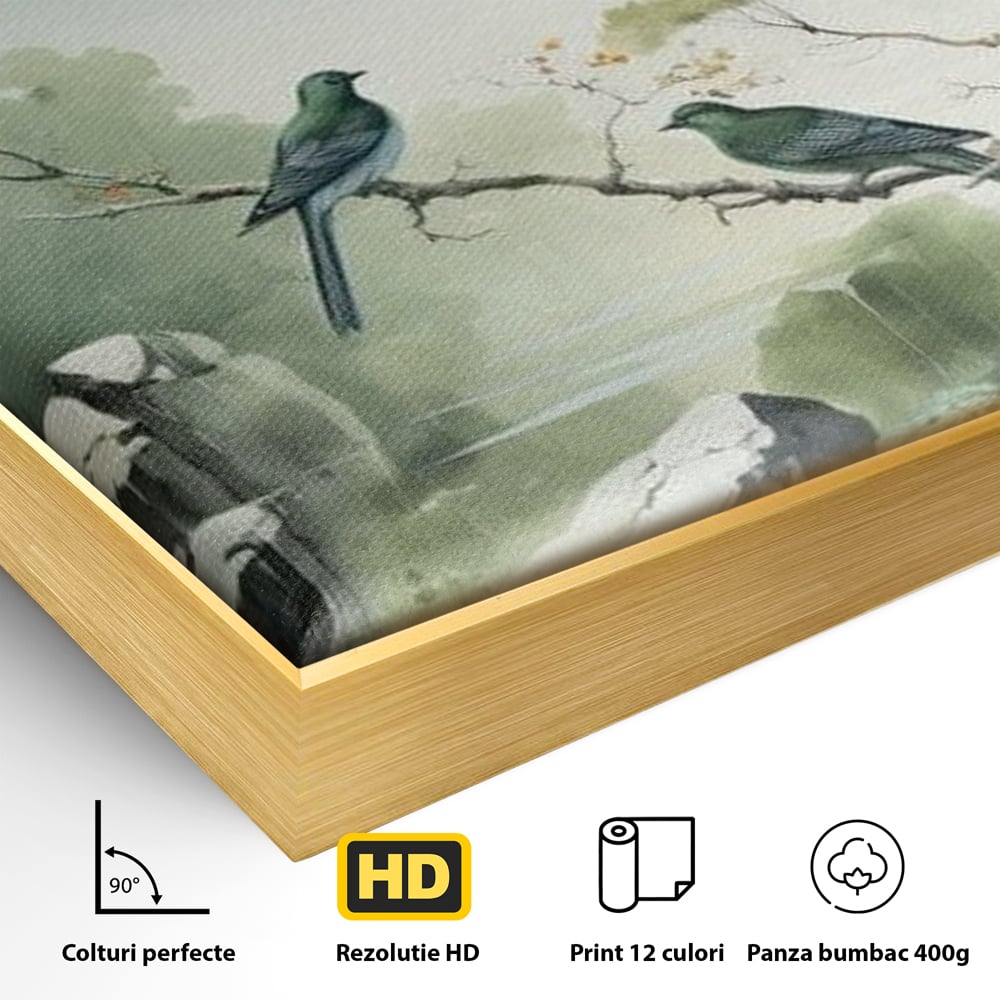Tablou Canvas Premium, LuxCanva® M1050, Meditatie in Verde si Gri, Pasari, Pietre, Copaci, Munte, Meditatie, Liniste, Ceata, Zen, Natura, Peisaj, Birou, Living, Camera Copil