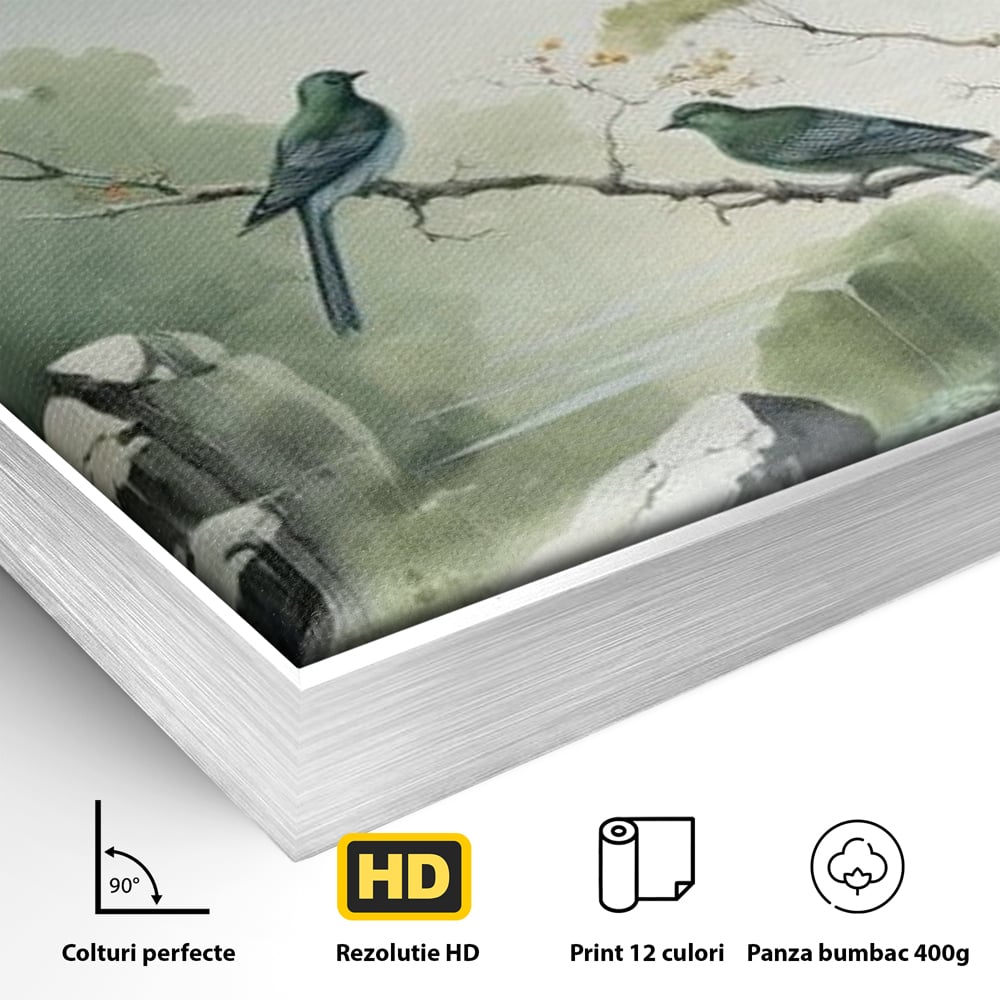 Tablou Canvas Premium, LuxCanva® M1050, Meditatie in Verde si Gri, Pasari, Pietre, Copaci, Munte, Meditatie, Liniste, Ceata, Zen, Natura, Peisaj, Birou, Living, Camera Copil
