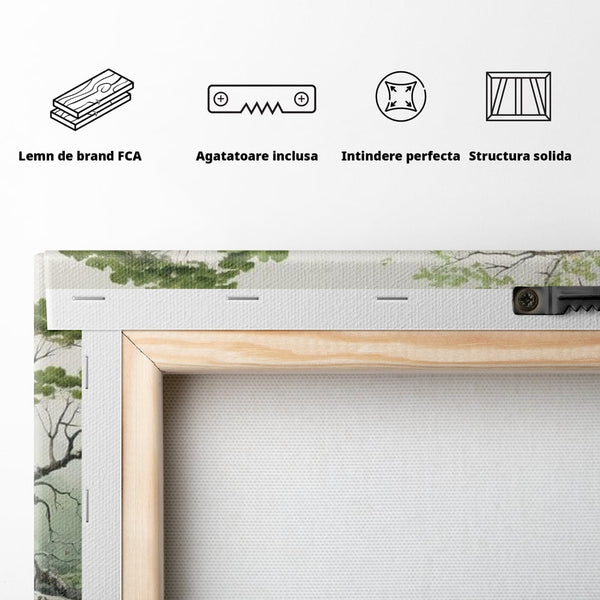 Tablou Canvas Premium, LuxCanva® M1050, Meditatie in Verde si Gri, Pasari, Pietre, Copaci, Munte, Meditatie, Liniste, Ceata, Zen, Natura, Peisaj, Birou, Living, Camera Copil