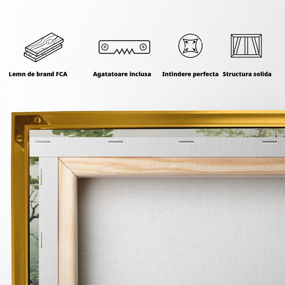 Tablou Canvas Premium, LuxCanva® M1050, Meditatie in Verde si Gri, Pasari, Pietre, Copaci, Munte, Meditatie, Liniste, Ceata, Zen, Natura, Peisaj, Birou, Living, Camera Copil