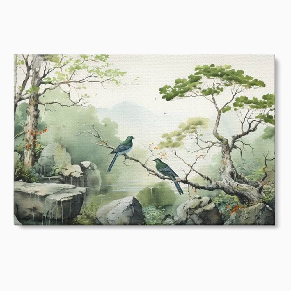 Tablou Canvas Premium, LuxCanva® M1050, Meditatie in Verde si Gri, Pasari, Pietre, Copaci, Munte, Meditatie, Liniste, Ceata, Zen, Natura, Peisaj, Birou, Living, Camera Copil