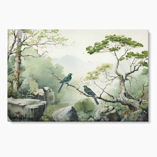 Tablou Canvas Premium, LuxCanva® M1050, Meditatie in Verde si Gri, Pasari, Pietre, Copaci, Munte, Meditatie, Liniste, Ceata, Zen, Natura, Peisaj, Birou, Living, Camera Copil