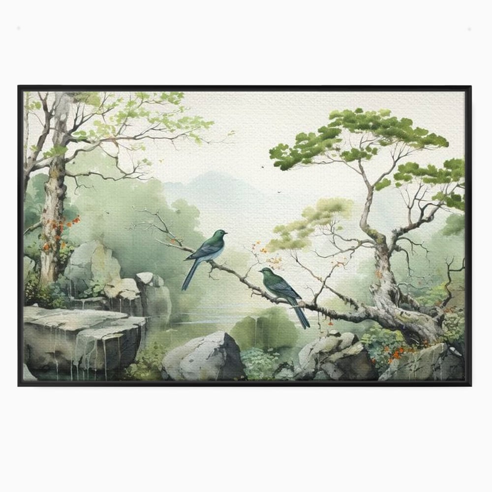 Tablou Canvas Premium, LuxCanva® M1050, Meditatie in Verde si Gri, Pasari, Pietre, Copaci, Munte, Meditatie, Liniste, Ceata, Zen, Natura, Peisaj, Birou, Living, Camera Copil