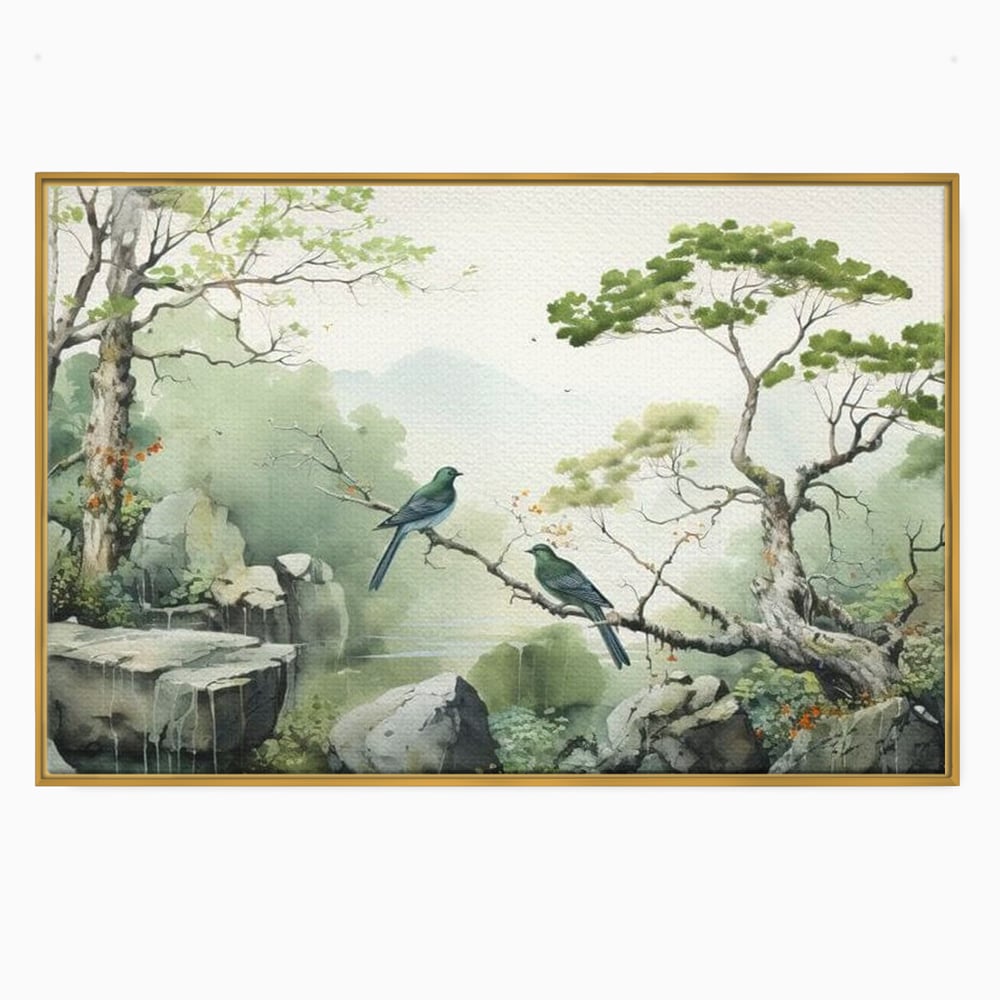Tablou Canvas Premium, LuxCanva® M1050, Meditatie in Verde si Gri, Pasari, Pietre, Copaci, Munte, Meditatie, Liniste, Ceata, Zen, Natura, Peisaj, Birou, Living, Camera Copil