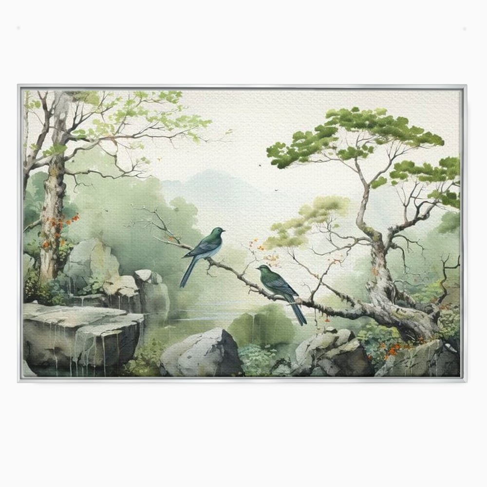 Tablou Canvas Premium, LuxCanva® M1050, Meditatie in Verde si Gri, Pasari, Pietre, Copaci, Munte, Meditatie, Liniste, Ceata, Zen, Natura, Peisaj, Birou, Living, Camera Copil