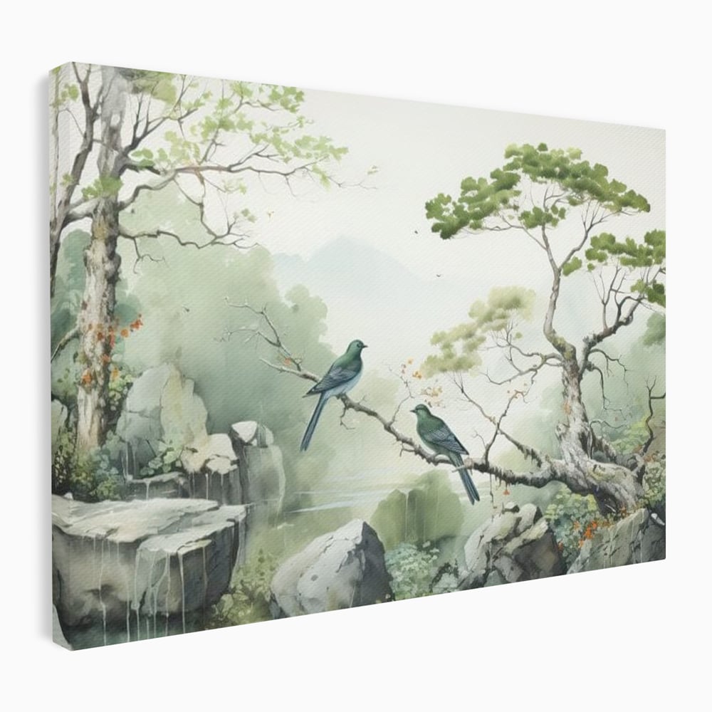 Tablou Canvas Premium, LuxCanva® M1050, Meditatie in Verde si Gri, Pasari, Pietre, Copaci, Munte, Meditatie, Liniste, Ceata, Zen, Natura, Peisaj, Birou, Living, Camera Copil