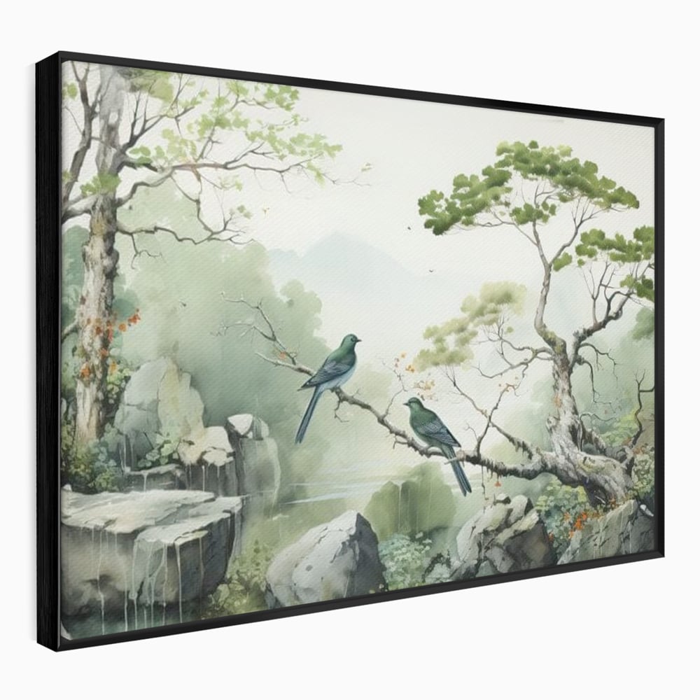 Tablou Canvas Premium, LuxCanva® M1050, Meditatie in Verde si Gri, Pasari, Pietre, Copaci, Munte, Meditatie, Liniste, Ceata, Zen, Natura, Peisaj, Birou, Living, Camera Copil