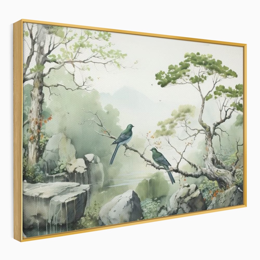 Tablou Canvas Premium, LuxCanva® M1050, Meditatie in Verde si Gri, Pasari, Pietre, Copaci, Munte, Meditatie, Liniste, Ceata, Zen, Natura, Peisaj, Birou, Living, Camera Copil