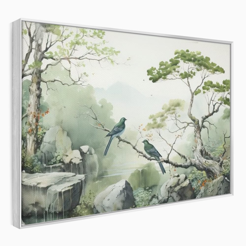 Tablou Canvas Premium, LuxCanva® M1050, Meditatie in Verde si Gri, Pasari, Pietre, Copaci, Munte, Meditatie, Liniste, Ceata, Zen, Natura, Peisaj, Birou, Living, Camera Copil