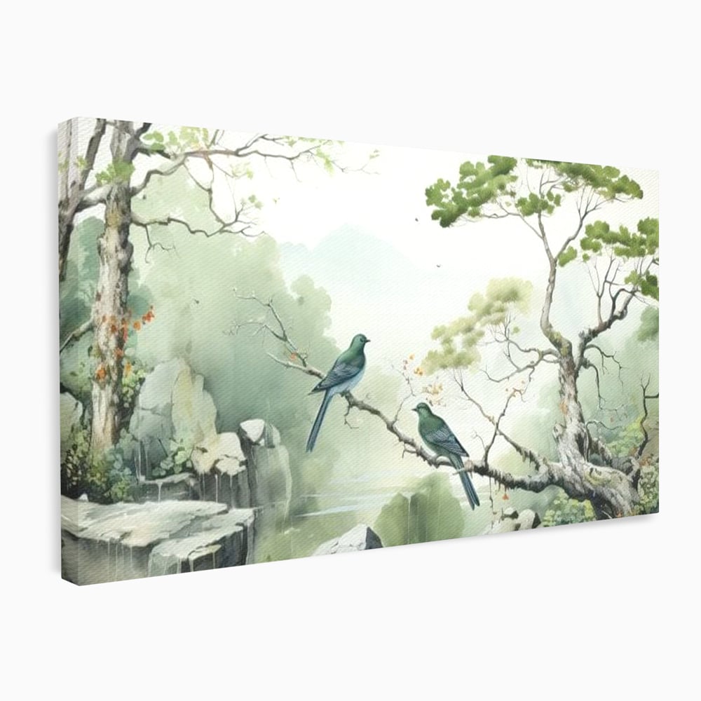 Tablou Canvas Premium, LuxCanva® M1050, Meditatie in Verde si Gri, Pasari, Pietre, Copaci, Munte, Meditatie, Liniste, Ceata, Zen, Natura, Peisaj, Birou, Living, Camera Copil
