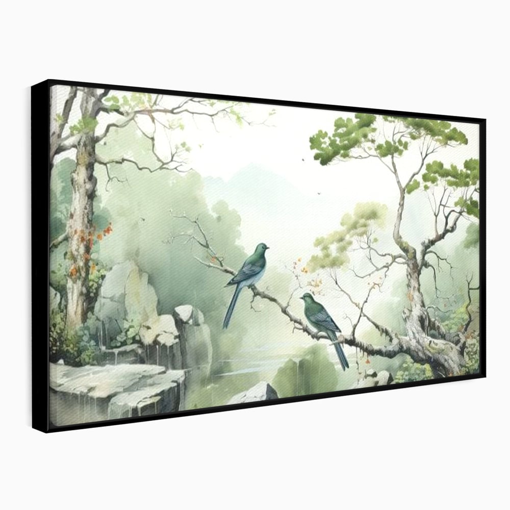 Tablou Canvas Premium, LuxCanva® M1050, Meditatie in Verde si Gri, Pasari, Pietre, Copaci, Munte, Meditatie, Liniste, Ceata, Zen, Natura, Peisaj, Birou, Living, Camera Copil